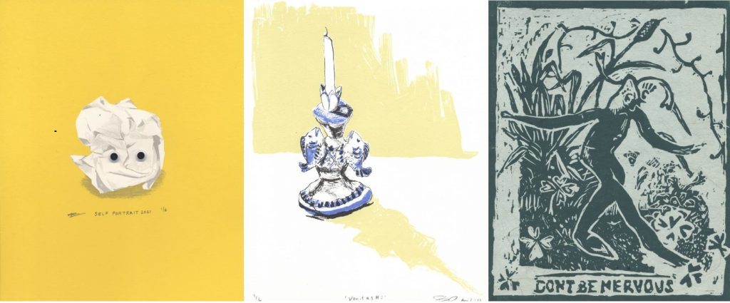 printmaking samples from artists who participated in the 2021 SNAP show Present Impressions