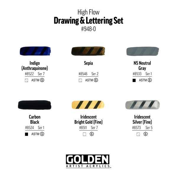 Golden High Flow Acrylic Set, 6-Color High Flow Drawing